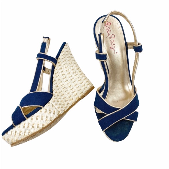 Lilly Pulitzer Shoes - Lilly Pulitzer Ashley Straw Wedge Navy Gold 6.5